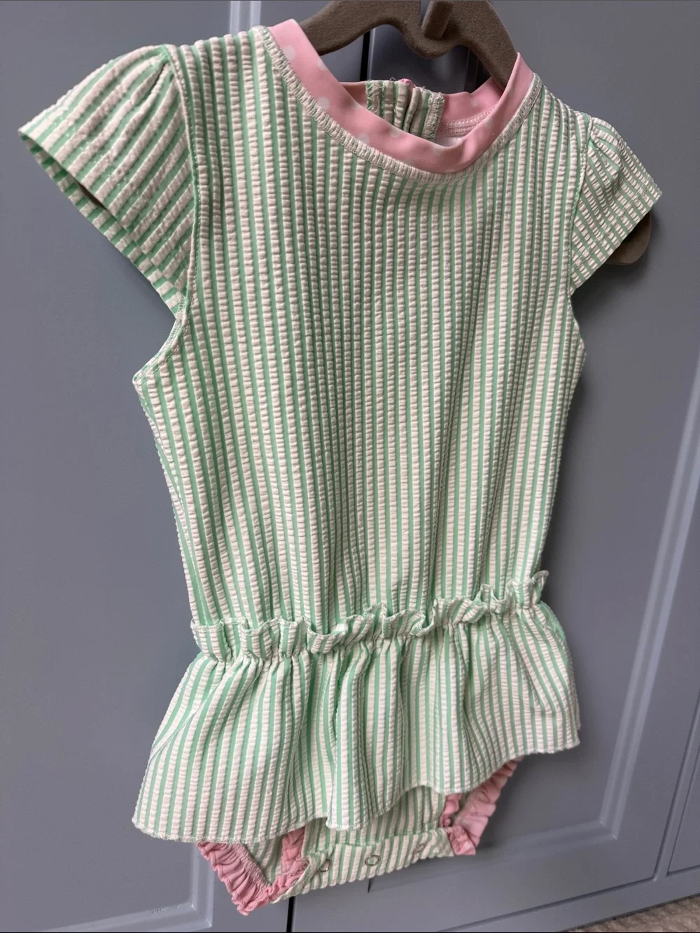 Mint Green Striped Baby Sunsuit with Hat